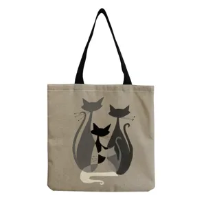 Canvas tote bag with retro abstract cat print, large capacity casual shoulder bag for daily use.