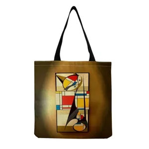 Close-up detail of the canvas tote bag featuring an abstract geometric cat art print.