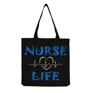 Maύρη υφασμάτινη τσάντα tote με τύπωμα Nurse Life, μεγάλη επαναχρησιμοποιούμενη τσάντα ώμου.