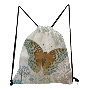 Detailed view of the artistic butterfly print and drawstring design on the casual cloth backpack bag.