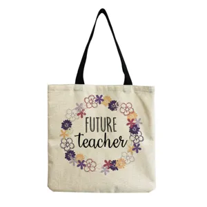 Detailansicht der Lehrertasche aus Leinen, Blumenkranz-Druck, stabile schwarze Tragegriffe.