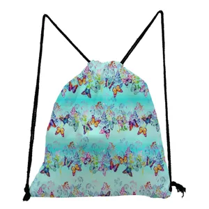 Colorful butterfly print drawstring backpack, casual student shoulder bag detail view.