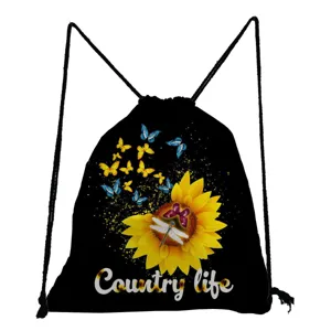 Black drawstring backpack featuring vibrant sunflower and butterfly print, perfect for daily use.