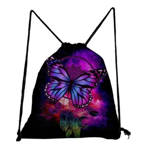 Galaxy butterfly print drawstring backpack, casual stylish double shoulder bag for students daily use.