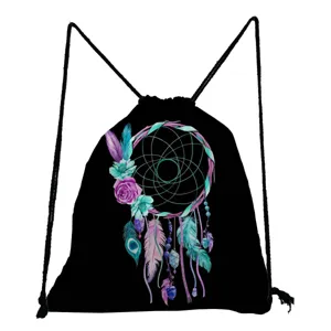 Black canvas drawstring backpack featuring a vibrant dreamcatcher floral print design.