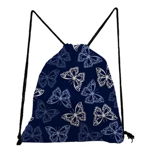 Blue butterfly print drawstring backpack, casual student lightweight bookbag daily use.