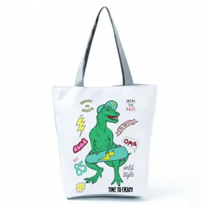 Borsa shopper in tela con stampa dinosauro skateboard, comoda borsa a spalla casual.