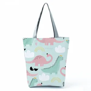 Simpatica borsa shopper in tela con stampa dinosauro da donna, grande borsa a spalla.