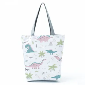 Borsa shopper in tela con stampa dinosauro carina, grande borsa a spalla casual per donna.