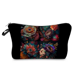 Vue détaillée de la trousse de maquillage à fleurs foncées, parfaite pour les voyages et soins.