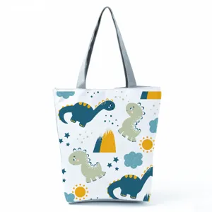 Borsa shopper in tela con stampa di dinosauro carina da donna, borsa a spalla capiente.