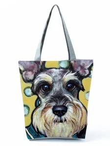 Detailed view of the cute Schnauzer dog art print on this large capacity canvas tote bag.