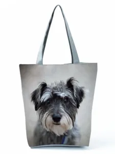 Fashionable canvas tote bag with cute schnauzer dog print, large capacity casual handbag.