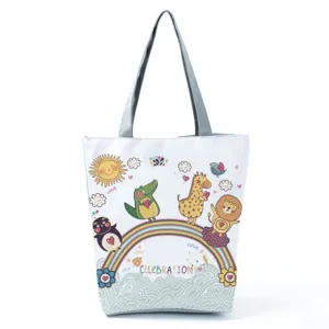 Borsa shopper in tela con simpatiche stampe di animali, grande borsa a spalla casual e pratica.