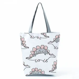 Borsa shopper in tela con stampa di dinosauro carina da donna, borsa a spalla capiente.