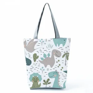 Borsa shopper in tela con stampa di dinosauro carino, borsa a spalla casual capiente per l'uso.