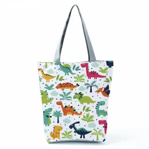Borsa tote in tela con stampa dinosauro, simpatica borsa spalla cartoon per studenti e shopping.