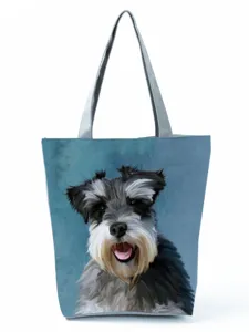 Dog print canvas tote bag, large capacity casual shoulder handbag for women and girls. Detail view.