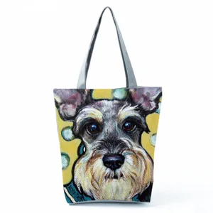 Fashion canvas tote bag with cute Schnauzer dog art print, large capacity shoulder bag for women