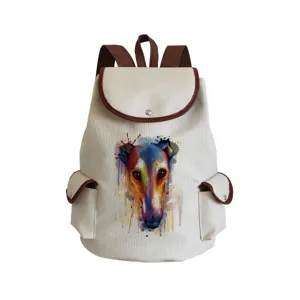 Sac à dos en toile avec imprimé de chien aquarelle coloré, finitions en cuir marron et poche.