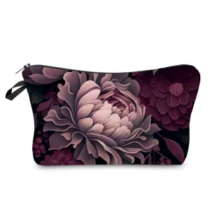 Trousse de maquillage à imprimé floral sombre, pochette élégante pour voyage, rangement rouge.