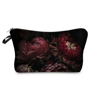 Trousse de maquillage motif floral sombre, détails de pivoines rétro et fermeture éclair.