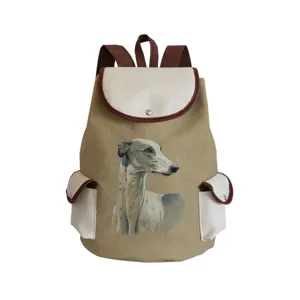 Vue détaillée de ce sac à dos en toile avec superbe imprimé de lévrier et cuir.