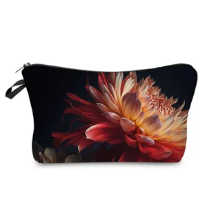 Trousse de maquillage à fleurs foncées avec fermeture éclair, pochette de voyage élégante.