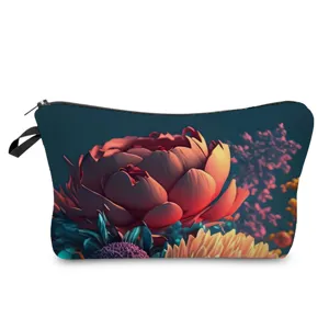 Trousse de maquillage à imprimé floral sombre, pochette zippée portable pour les voyages.
