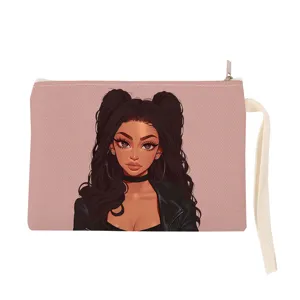 Canvas cosmetisch tasje met zwarte meisje print, draagbare make-up etui met handige polsband.