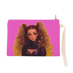 Leuke roze canvas portemonnee met schattige meisje print en handige polsband voor dames.