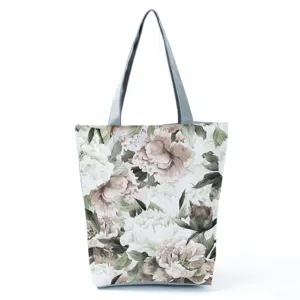 Τσάντα shopper από καμβά με φλοράλ σχέδιο, μεγάλη casual τσάντα ώμου με γκρι χερούλια.