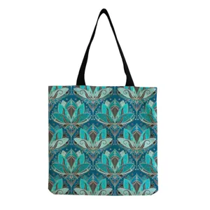 Borsa tote in tela alla moda stampata con loto blu, grande borsa a spalla casual.
