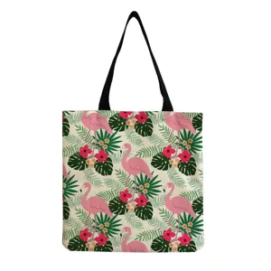 Borsa shopper in tela con stampa fenicottero rosa e fiori tropicali, comoda borsa spaziosa.