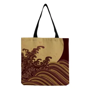 Detailed view of the Japanese wave printed canvas tote bag, featuring a large capacity and dark red design.