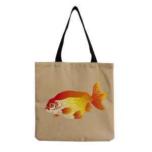 Canvas tote bag with stunning goldfish print, spacious casual shoulder bag for daily shopping use.