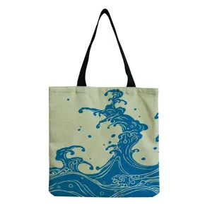 Japanese wave print canvas tote bag detail view, casual large capacity shoulder shopping bag.