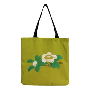 Canvas tote bag with elegant white floral print, olive green shoulder bag for daily use.