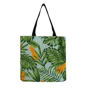 Borsa shopper in tela casual con stampa di foglie tropicali e ananas, grande borsa a spalla.