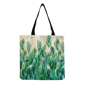 Borsa shopper in tela con stampa di piume verdi casual, grande borsa a tracolla versatile.