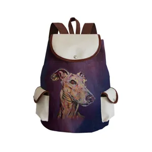 Sac à dos en toile avec imprimé chien d'art, cartable décontracté avec poches et bord marron.