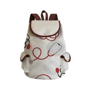 Leinwand Rucksack mit medizinischem Stethoskop und Messgerät Druckmuster brauner Rand.