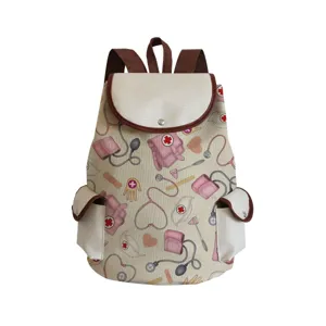 Segeltuch Krankenschwester Rucksack brauner Besatz, süßes medizinisches Design, Schultasche.