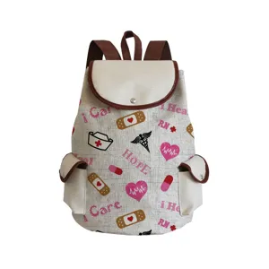 Leinwand-Krankenschwester-Rucksack für Damen mit braunem Lederbesatz, Schulrucksack.