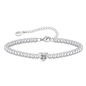 Stainless steel beaded charm bracelet with number 21 heart pendant adjustable silver jewelry gift