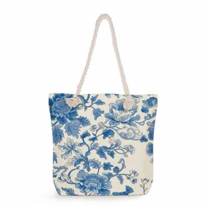 Bolso tote de lona con estampado de porcelana azul y blanca, bolso de hombro de playa para mujer.