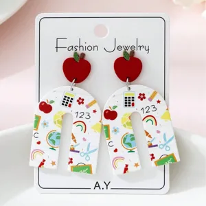 Pendientes Colgantes en Forma de U de Manzana Roja Dulce Cobre Resina Geométrico Tema Escolar Joyería de Moda Regalo Para Mujeres