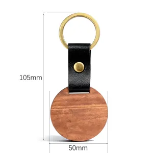 Holz runder Schlüsselanhänger mit schwarzem Lederband und Goldring, Größe 105x50mm Geschenk.