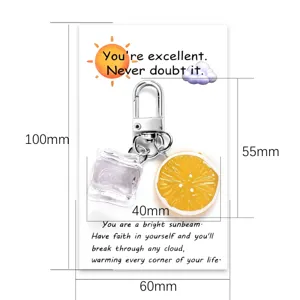 Metal keychain with clear ice cube and lemon slice pendants on motivational card detail.