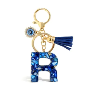 Blauw Letter R Leer Boze Oog Sleutelhanger Goud Metaal Kwast Tas Bedel Schattige Alfabet Sleutelhanger Hanger Mode Accessoires